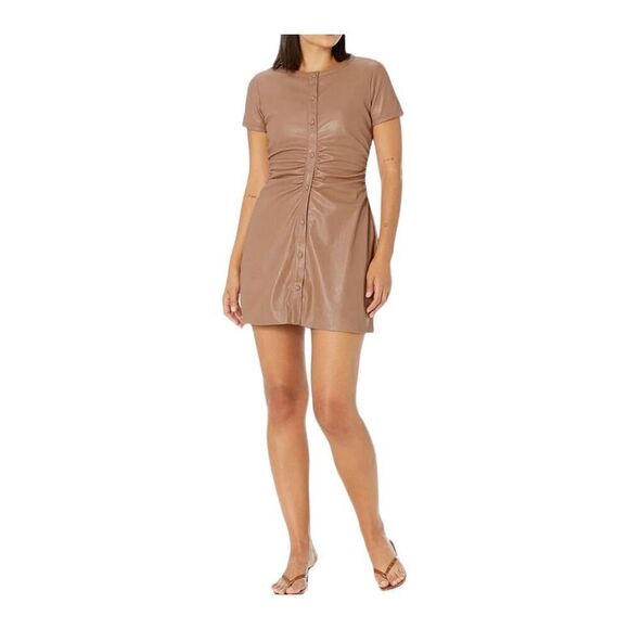 Revolve N:Philanthropy Pisces Tan Faux Leather Side Ruched Button Down Mini Dres - Picture 1 of 8